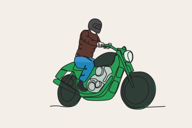 Motosiklet süren bir adamın renkli çizimi. Motosiklet tek satırlı çizim