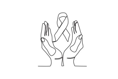 Eller bilinç kurdelesini korur. Dünya AIDS Günü tek satırlık çizim