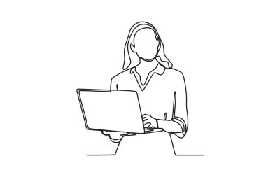 Laptopla çalışan uzun saçlı bir kadın. Dia de la mujer emprendedora tek satır çizimi