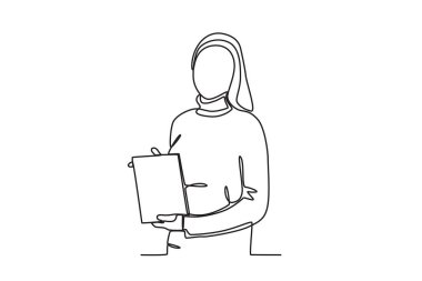 Bir iş kadını ürünlerini pazarlar. Dia de la mujer emprendedora tek satır çizimi