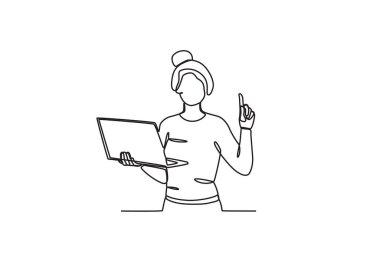 Bir kadın işle ilgili bir fikir verir. Dia de la mujer emprendedora tek satır çizimi