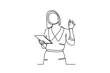 Bir kadın işini mutlu bir şekilde açıkladı. Dia de la mujer emprendedora tek satır çizimi