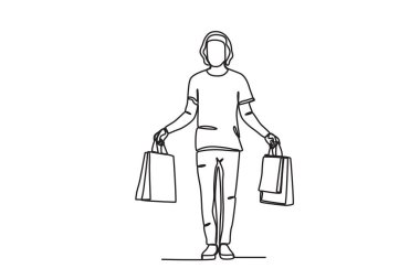 Alışveriş çantası taşıyan bir adam. Kara Cuma tek satırlık çizim