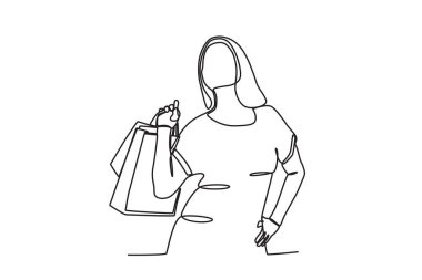 İndirim için alışveriş yapan mutlu bir kadın. Kara Cuma tek satırlık çizim