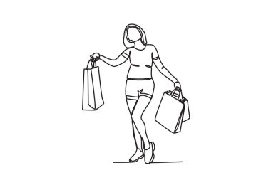 Bir kadın bir sürü alışveriş çantası taşıyordu. Kara Cuma tek satırlık çizim