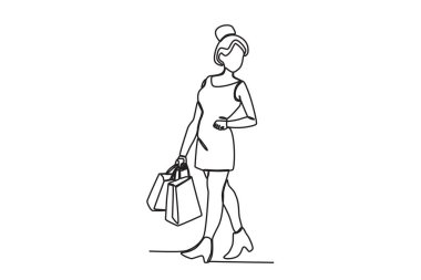 Reklam alışverişi yapan bir bayan. Kara Cuma tek satırlık çizim