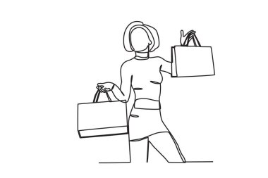 Bir kadın reklam alışverişini gösteriyor. Kara Cuma tek satırlık çizim