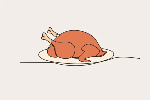 Kolorowa Ilustracja Kurczaka Rodzinny Posiłek Święto Dziękczynienia Jednoliniowy Rysunek — Wektor stockowy