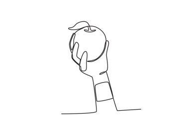 Taze meyve tutan bir el. Dünya vegan günü tek satırlık çizim