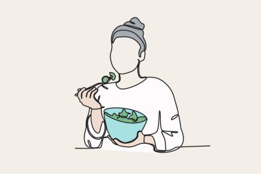 Salata yiyen bir kadının renkli çizimi. Dünya vegan günü tek satırlık çizim