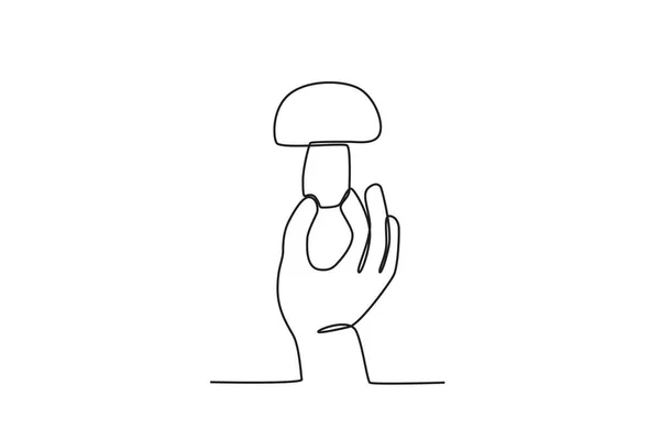 一只手拿着蘑菇作为食物 世界素食主义者日单线绘图 — 图库矢量图片