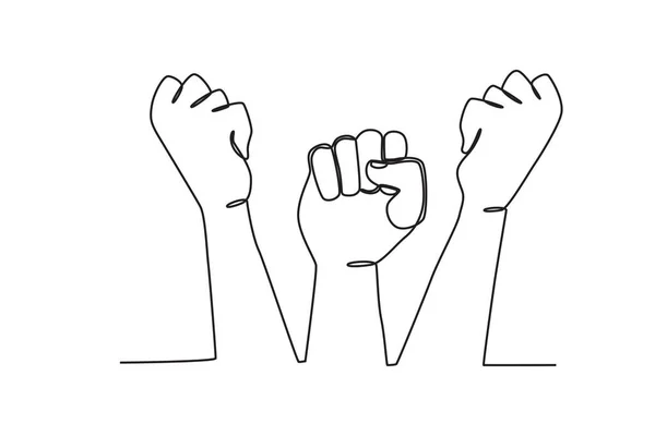 平等のために戦うために3つの拳が挙げられた 人権デーワンライン図面 — ストックベクタ