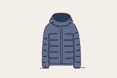 Kış için kalın bir ceketin renkli çizimi. Kış tek çizgi çizimi