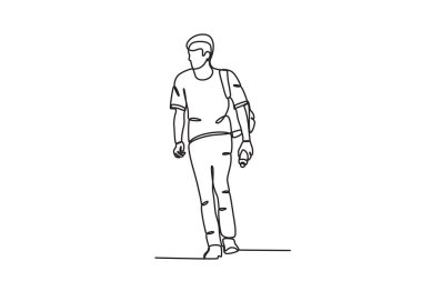 Göçmen bir adam küçük bir sırt çantası taşıyor. Uluslararası göçmenler için tek satırlık çizim