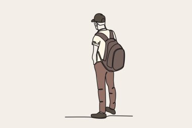 Çanta taşıyan göçmen bir adamın renkli çizimi. Uluslararası göçmenler için tek satırlık çizim