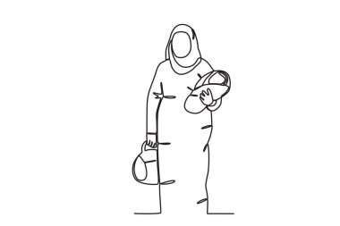 Göçmen bir kadın bebeğini kucağında tutuyor. Uluslararası göçmenler için tek satırlık çizim