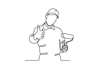 Elinde boya malzemeleri tutan bir adam. Ressam tek satırlık çizim