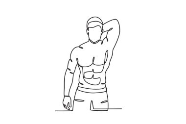 Kaslı bir erkek atlet. Vücut geliştirme tek çizgi çizimi