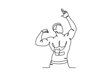 Bir erkek gururla kaslarını gösterir. Vücut geliştirme tek çizgi çizimi