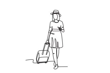 Bavuluyla seyahat eden bir kadın. Tek satırlık duruş çizimi