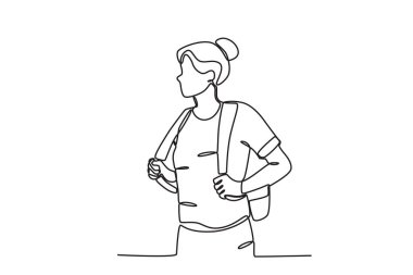 Tatilde olan bir kadın sırt çantası taşır. Tek satırlık duruş çizimi