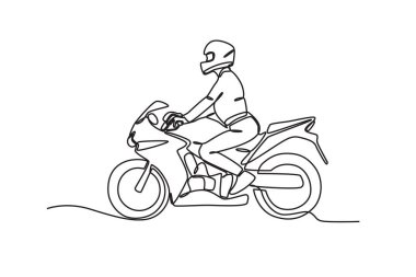 Motosiklet süren bir binici. Motorcular tek satırlık çizim