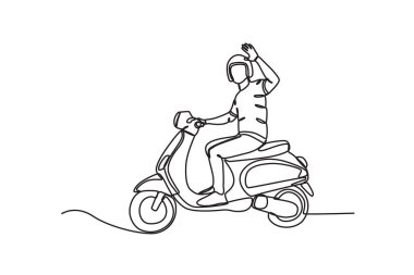 Motosikletine el sallayan bir adam. Motorcular tek satırlık çizim