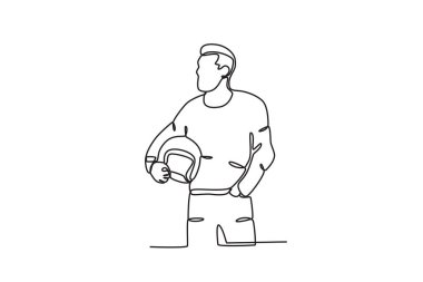 Serin bir kask tutan bir adam. Motorcular tek satırlık çizim