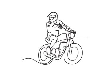Bir yarışçı hızlı bir şekilde motosiklet sürer. Motorcular tek satırlık çizim