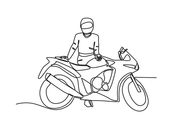 A man standing next to his motorsport. Bikers one-line drawing