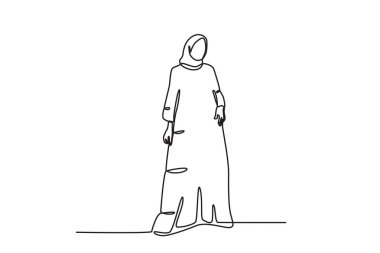 Genç bir kadın şık bir şekilde abaya giyer. Abaya tek çizgi çiziyor