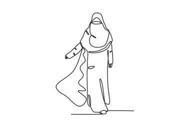 Elbise ve niqab giyen bir kadın. Niqab tek çizgi çiziyor.
