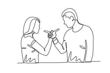 Bir karı koca birbirlerini işaret ederek tartıştılar. İlişki sorunu tek satırlık çizim