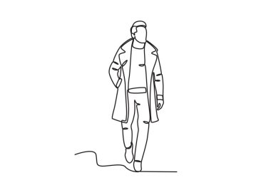 Kış modası giyen bir adam. Kış kıyafeti tek sıra çizimi