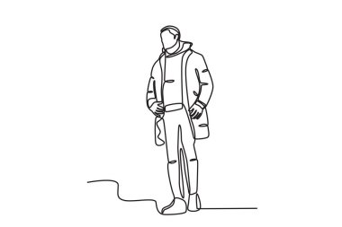 Kış kıyafetleri giyen bir erkek manken. Kış kıyafeti tek sıra çizimi