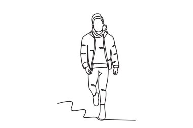 Kışlık giysiler içinde yürüyen bir adam. Kış kıyafeti tek sıra çizimi