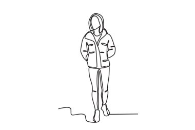 Kalın bir ceket giyen güzel bir kadın. Kış kıyafeti tek sıra çizimi