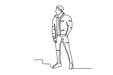 Kışlık giysiler giyen bir adam. Kış kıyafeti tek sıra çizimi