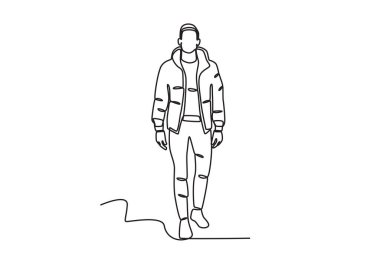 Modern kış kıyafetleri giyen bir adam. Kış kıyafeti tek sıra çizimi