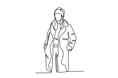 Güzel kışlık giysiler giyen bir kadın. Kış kıyafeti tek sıra çizimi