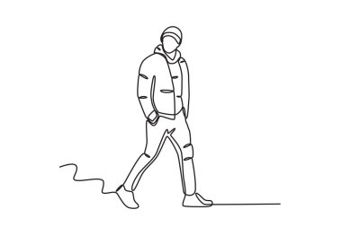 Bir adam modaya uygun bir kışlık ceketle yürüyor. Kış kıyafeti tek sıra çizimi
