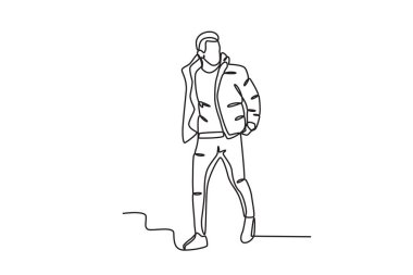 Ceket giyen bir adam cesurca yürüdü. Kış kıyafeti tek sıra çizimi