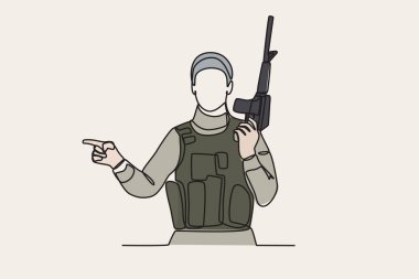 Silah tutan bir askerin renk çizimi. Savaş tek satırlı çizim