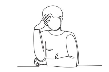 Stresli bir adam başını tutar. Mavi Pazartesi tek satır çizimi