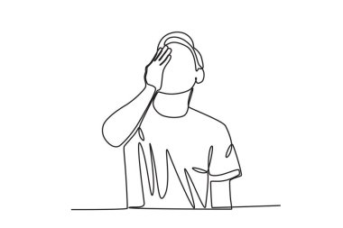 Stresli bir adam yüzünü tutar. Mavi Pazartesi tek satır çizimi