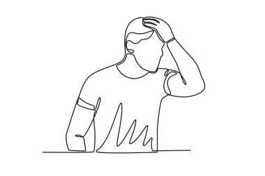 Stres yüzünden başı dönen bir adam. Mavi Pazartesi tek satır çizimi