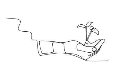 Bir el bitkinin tomurcuğunu tutar. Dünya Çevre Eğitimi Günü tek satırlık çizim