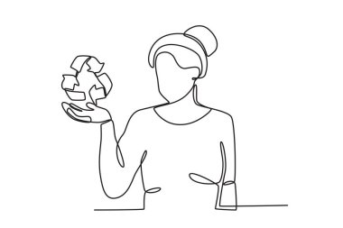 Elinde geri dönüşüm sembolü olan bir kadın. Dünya Çevre Eğitimi Günü tek satırlık çizim