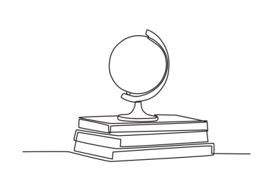 Bir yığın kitabın üstünde bir küre. Uluslararası eğitim günü tek satırlık çizim