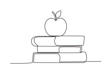 Bir yığın kitabın üzerinde bir elma. Uluslararası eğitim günü tek satırlık çizim